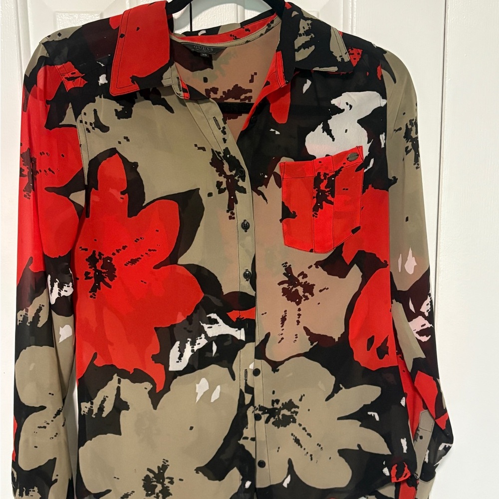 Floral Button-Up Blouse - Red and Tan